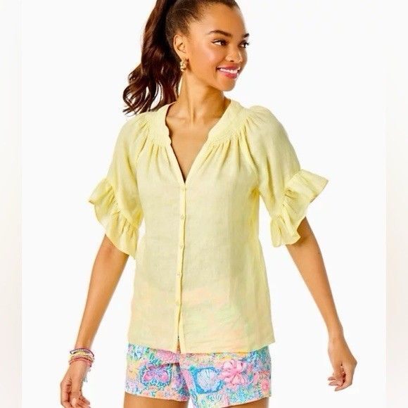 Lilly Pulitzer Tayla linen top Creme Fraiche Lemon Yellow Buttons Size Small - Picture 1 of 6
